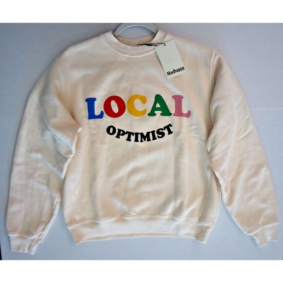 Madhappy 4U032 Unisex Sz XS Ivory Local Optimist Colorful Crewneck Pullover - Picture 7 of 8